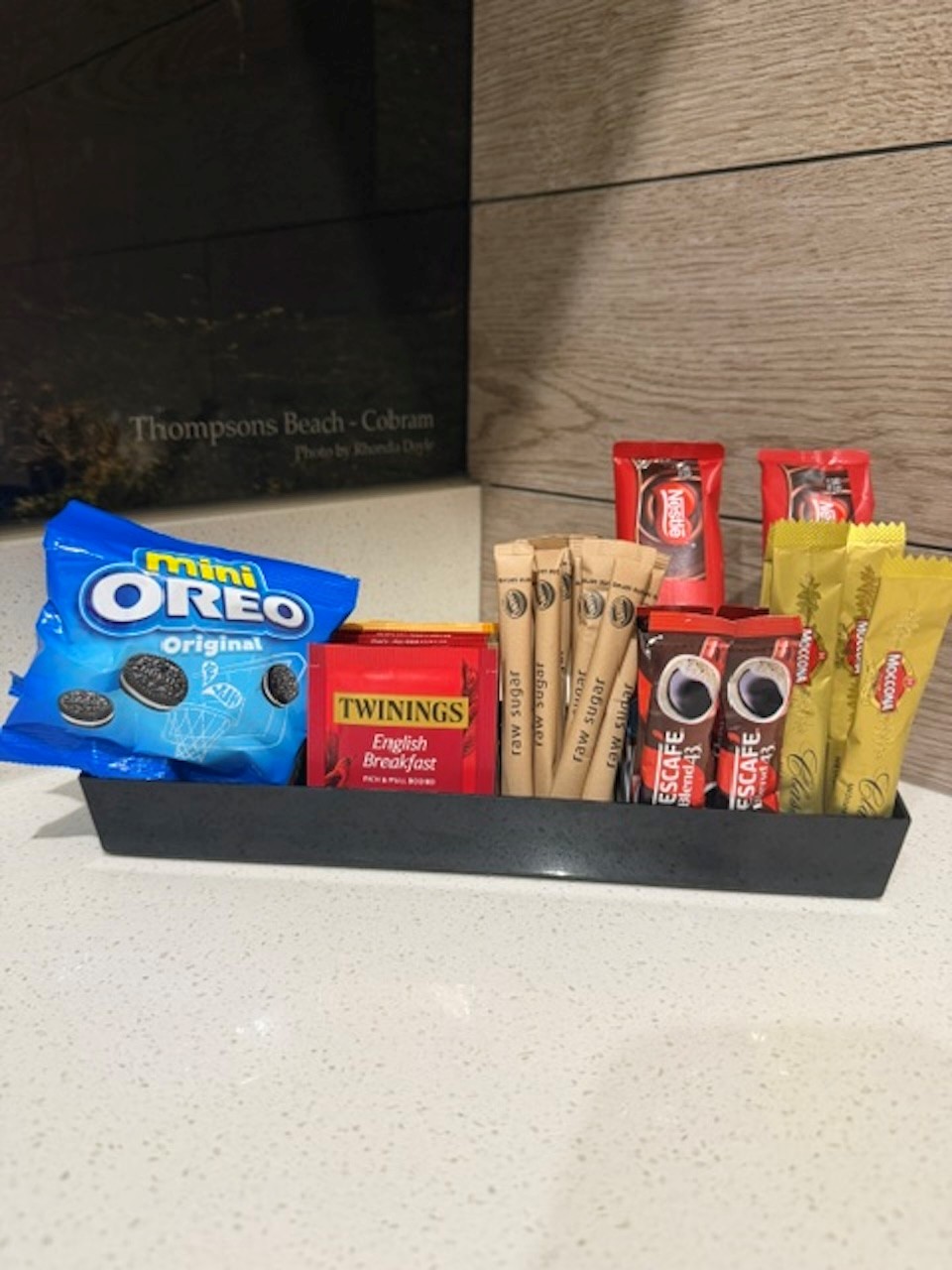 In-room welcome tray with tea, coffee and treats